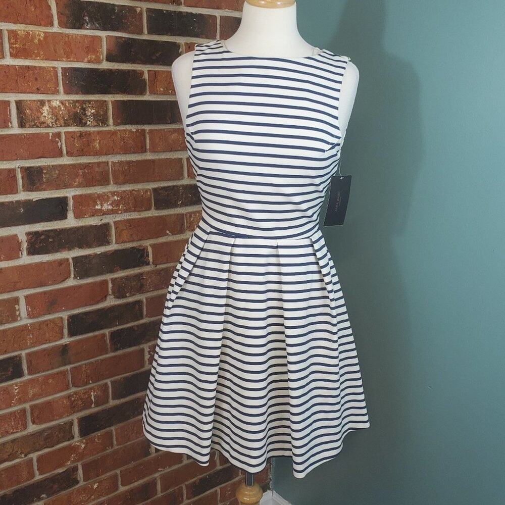 Zara Striped Pleated Open Back Dress with Pockets